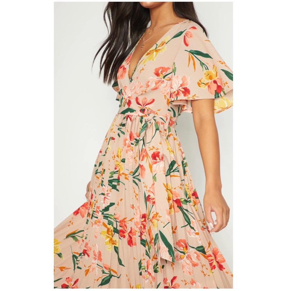 PINK PLEATED FLORAL MIDI DRESS